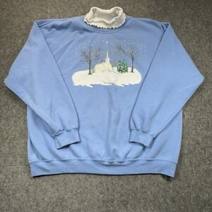 PFI Fashions light blue sweatshirt Graphic Snowy Church Women 2X Blue Vintage